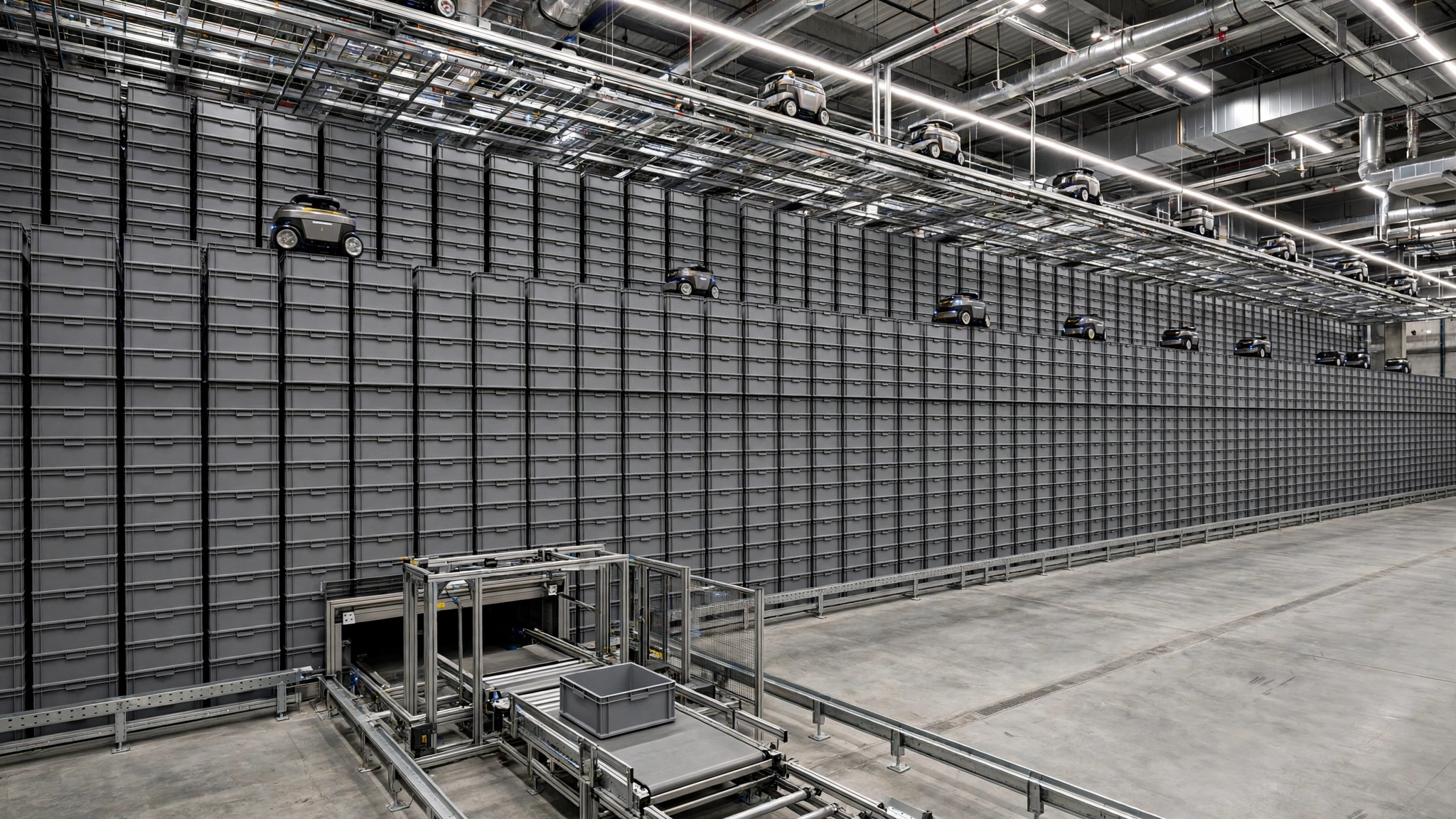 Automated cube-storage warehouse with robots on top of a tall bin grid and a workstation port in the foreground