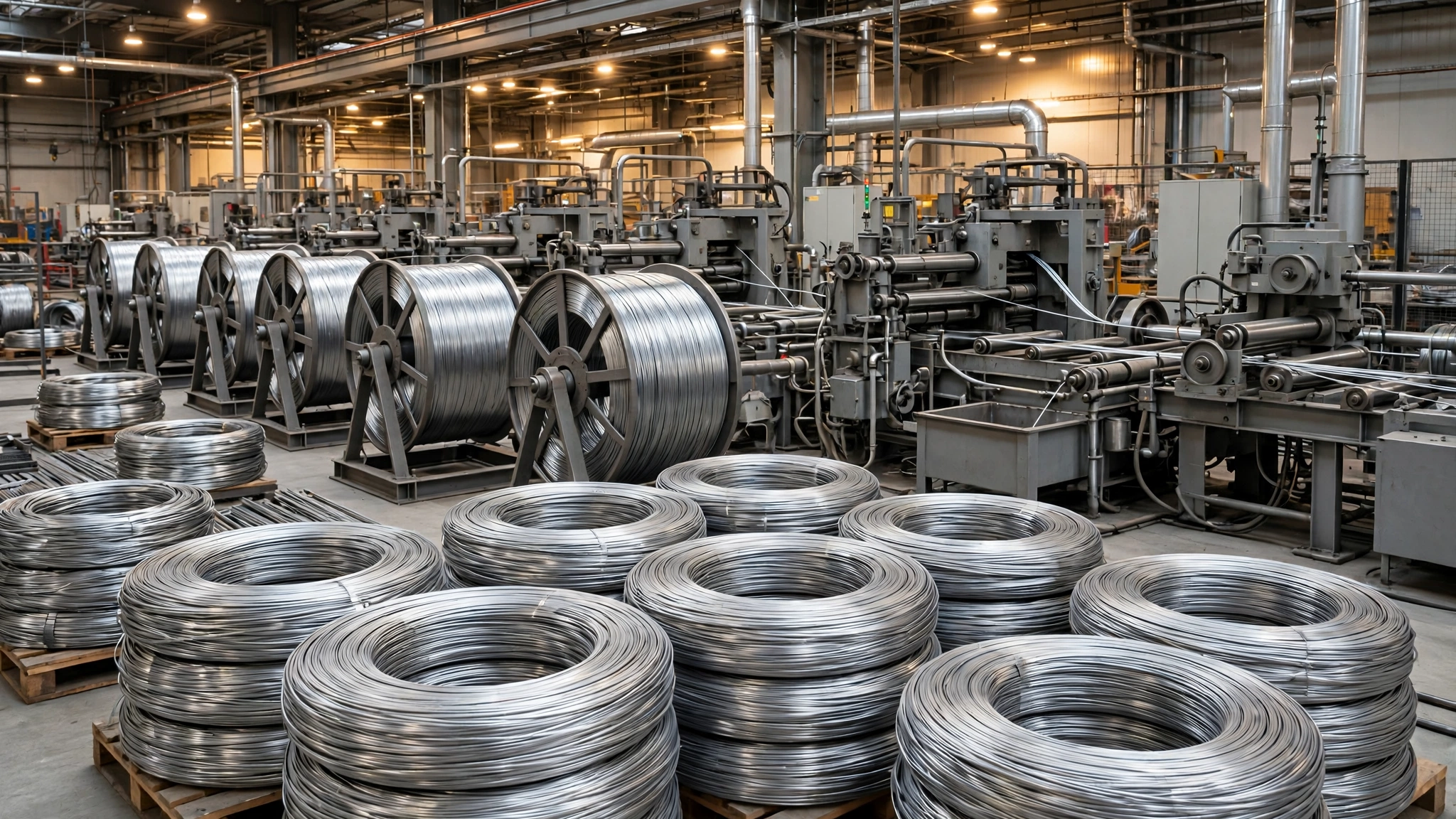 Steel wire drawing line with spools of bright steel wire in a metal products factory