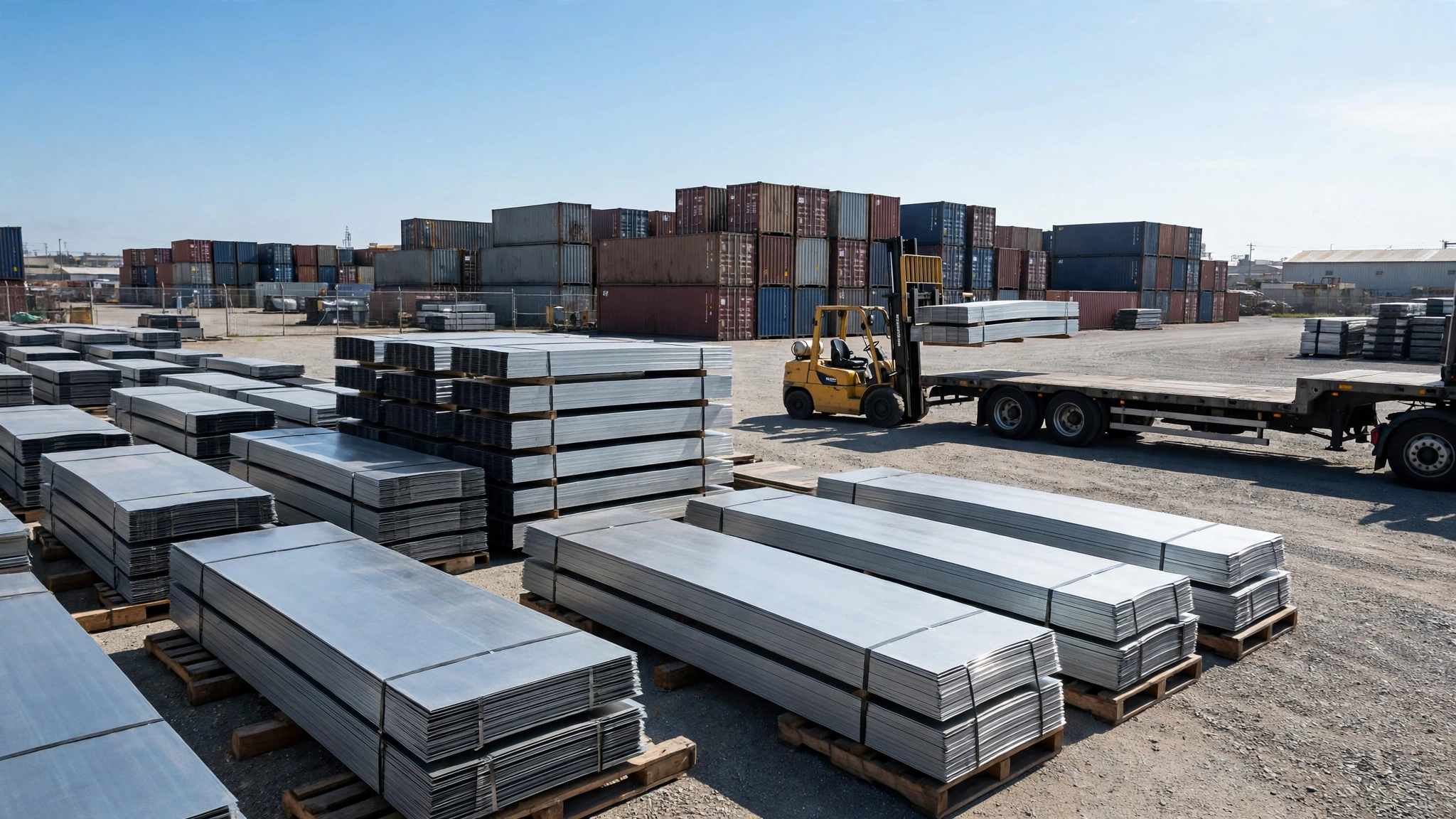 Bundles of galvanized steel sheets stacked in an open-air export storage yard, with a forklift loading a flatbed truck