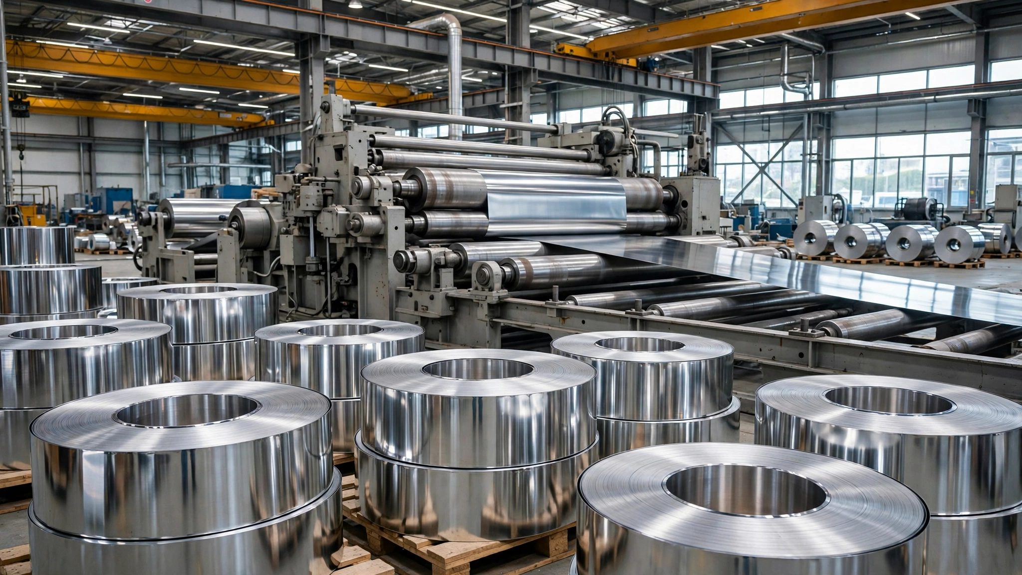 Polished stainless steel coils in a cold-rolling mill