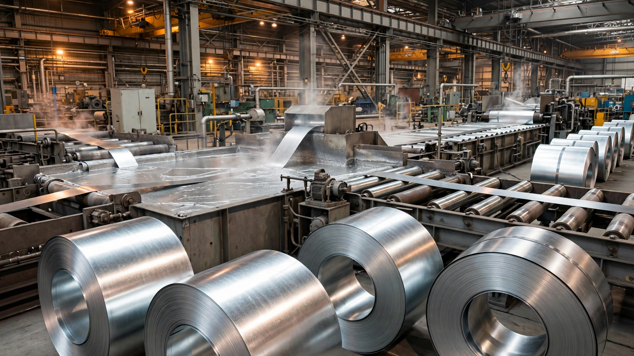 Galvanized steel strip on a continuous galvanizing line with finished coils in the foreground