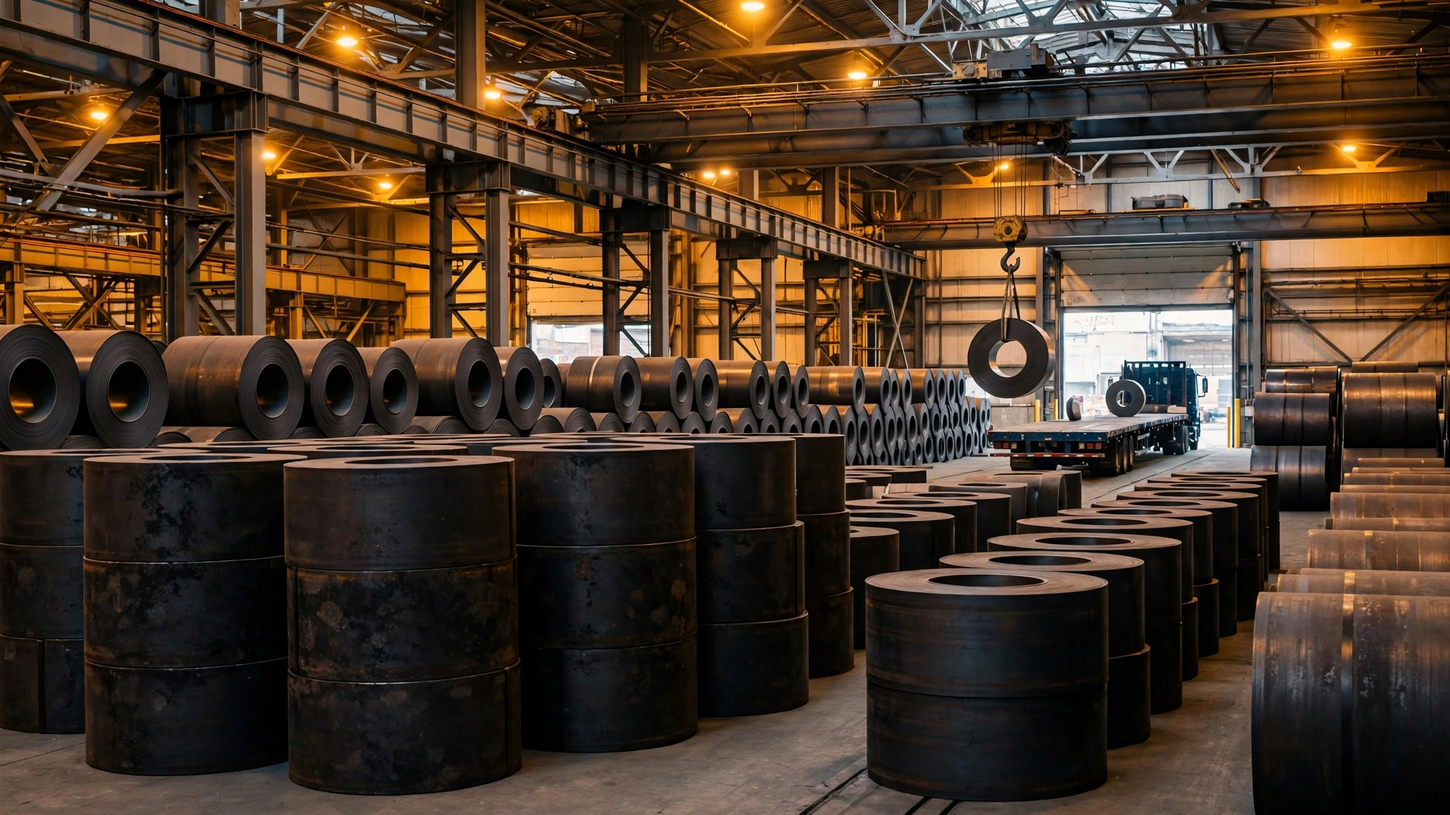 Hot-rolled steel coils stacked in a steel service center warehouse, with an overhead crane lifting a coil