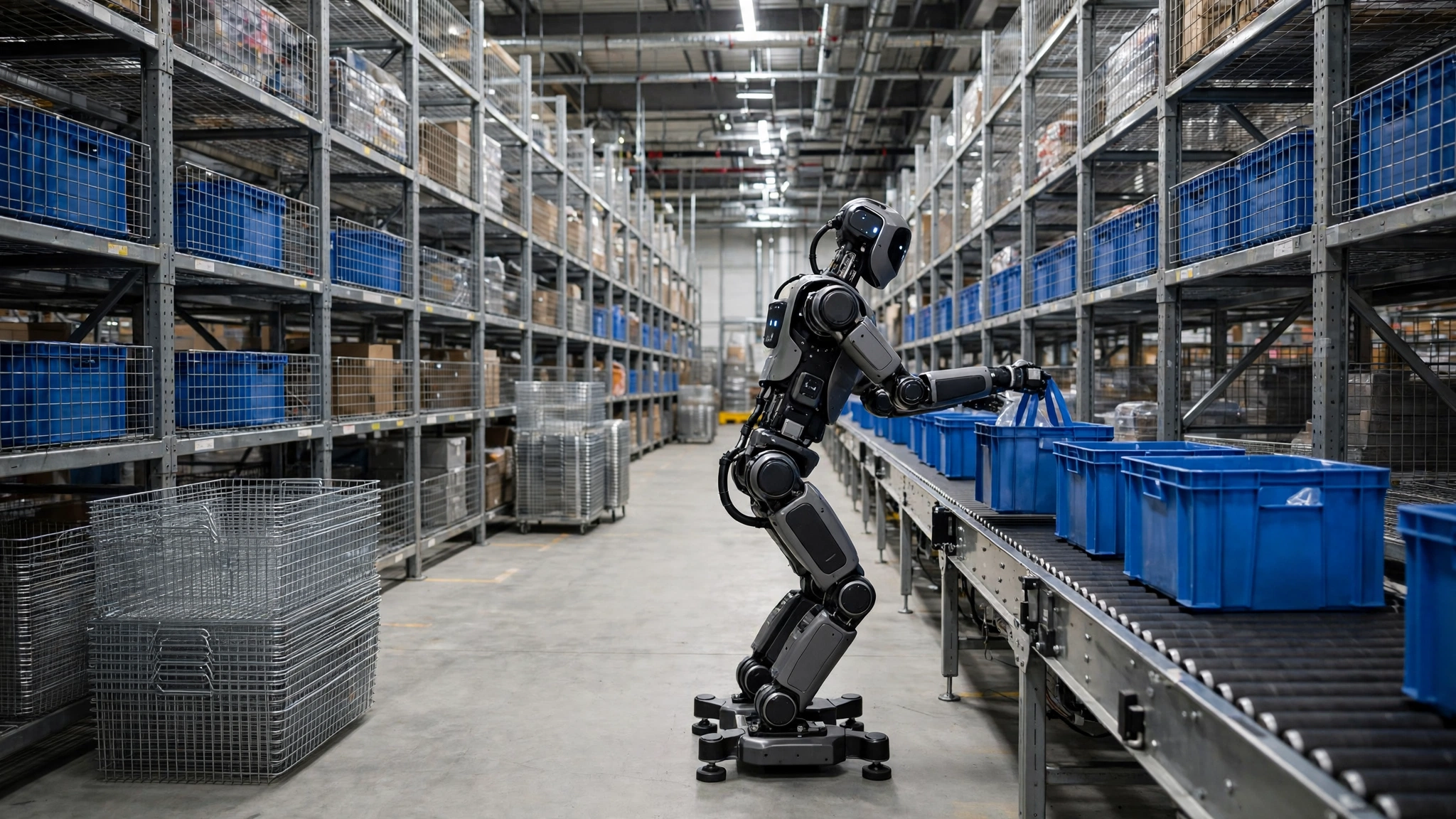 Humanoid robot transferring totes onto a conveyor in a fulfillment center with wire mesh decking racking