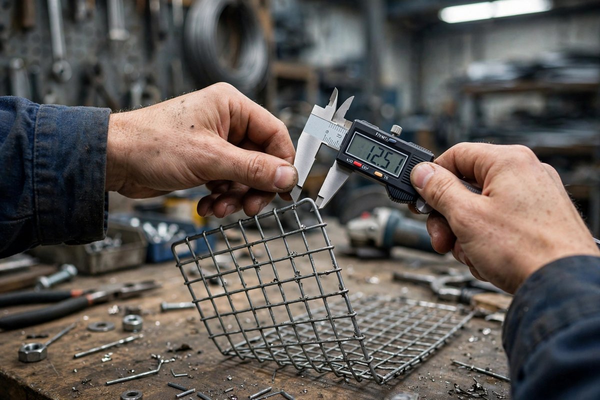 Inspector measuring a wire mesh part with a digital caliper