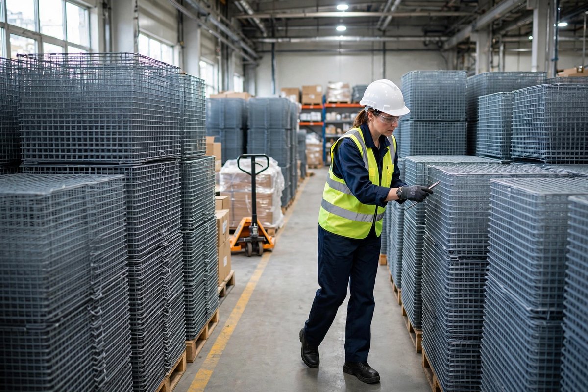 Finished wire containers lined up for final inspection before packing