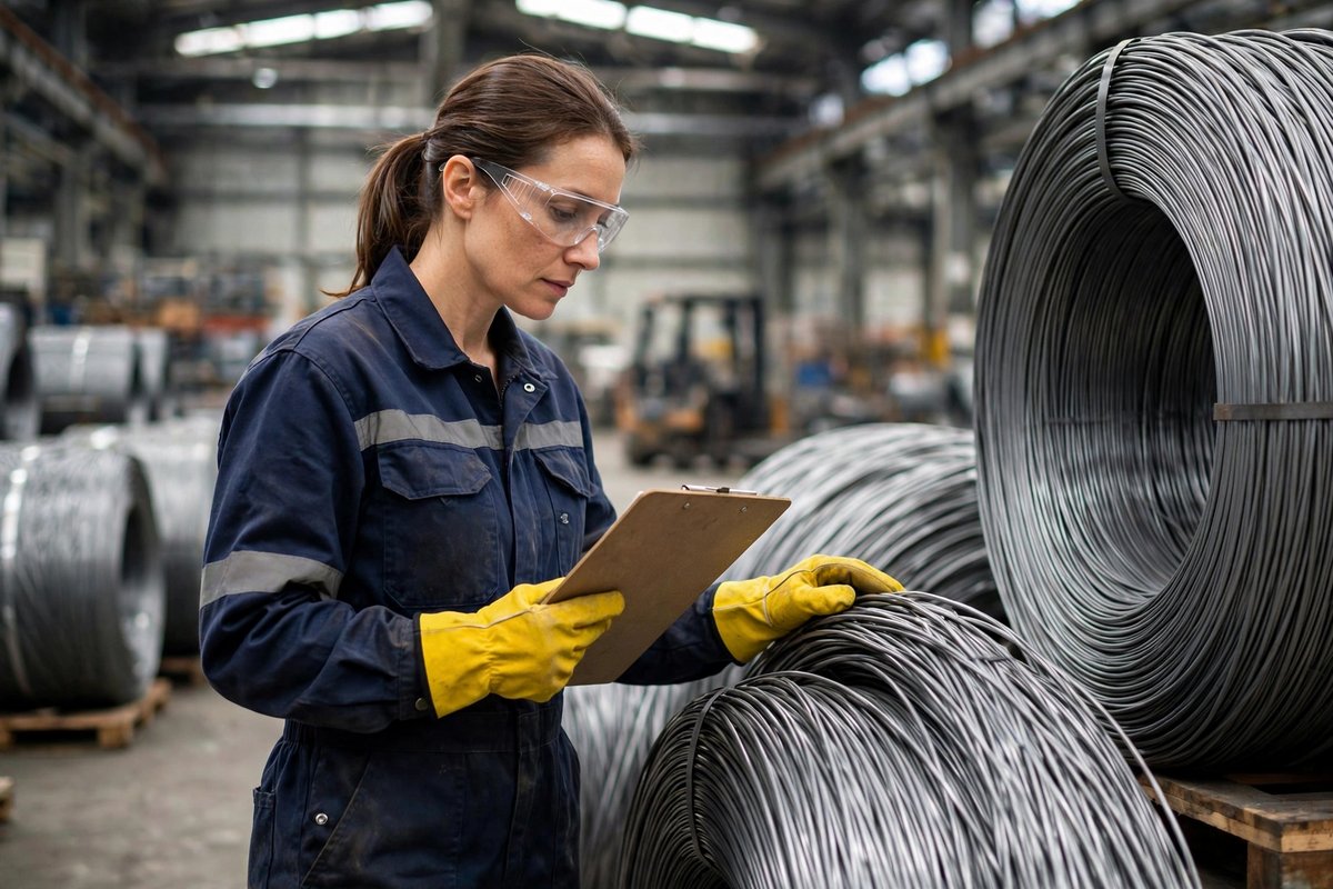 Quality inspector checking incoming steel wire coils against a checklist